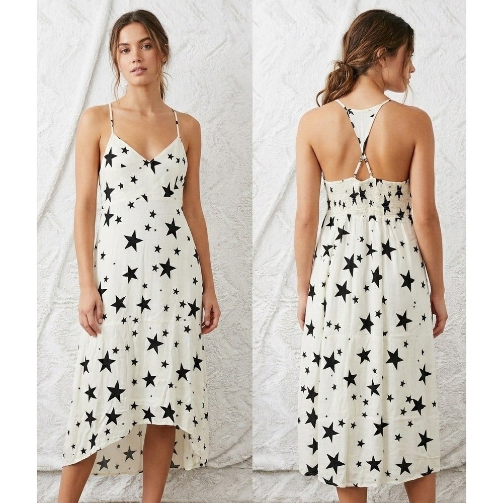 NWT Chaser Star Print Slip Dress Large White Black Celestial Racerback High Low